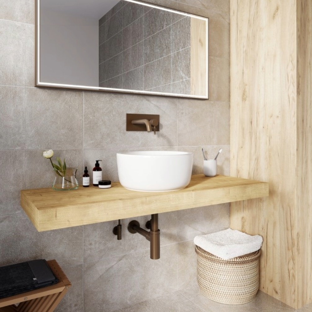 Product Lifestyle image of the Abacus Concept Cloud Halifax Oak 1200mm Shelf paired with a round countertop basin